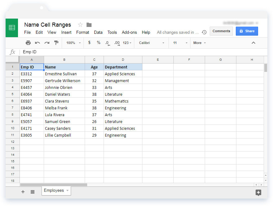 Name Ranges or Cells in Google Sheets: Employee Information