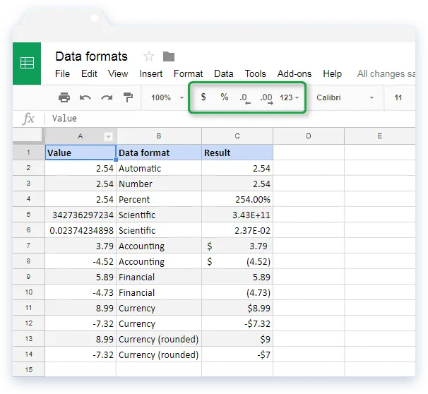 Different Number Format Types in Google Sheets