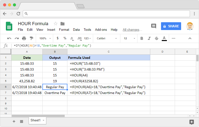 HOUR Formula in Google Sheets: Usage