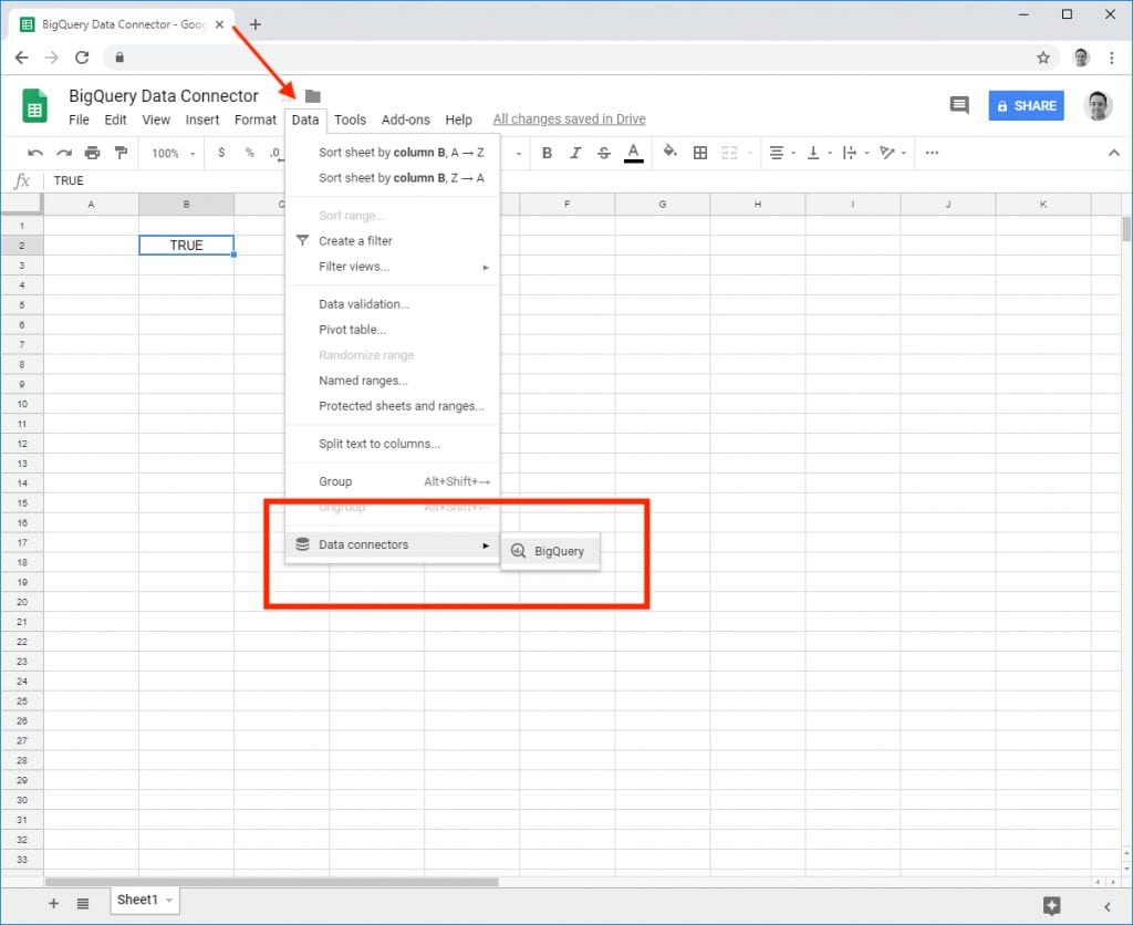 Navigation to BigQuery in Google Sheets