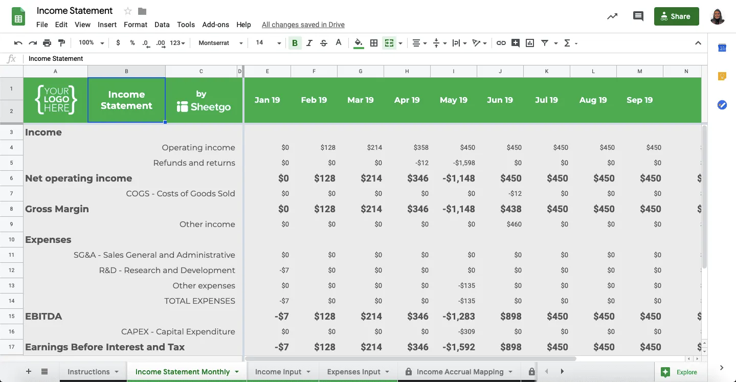 Profit Loss Statement Template Google Sheets