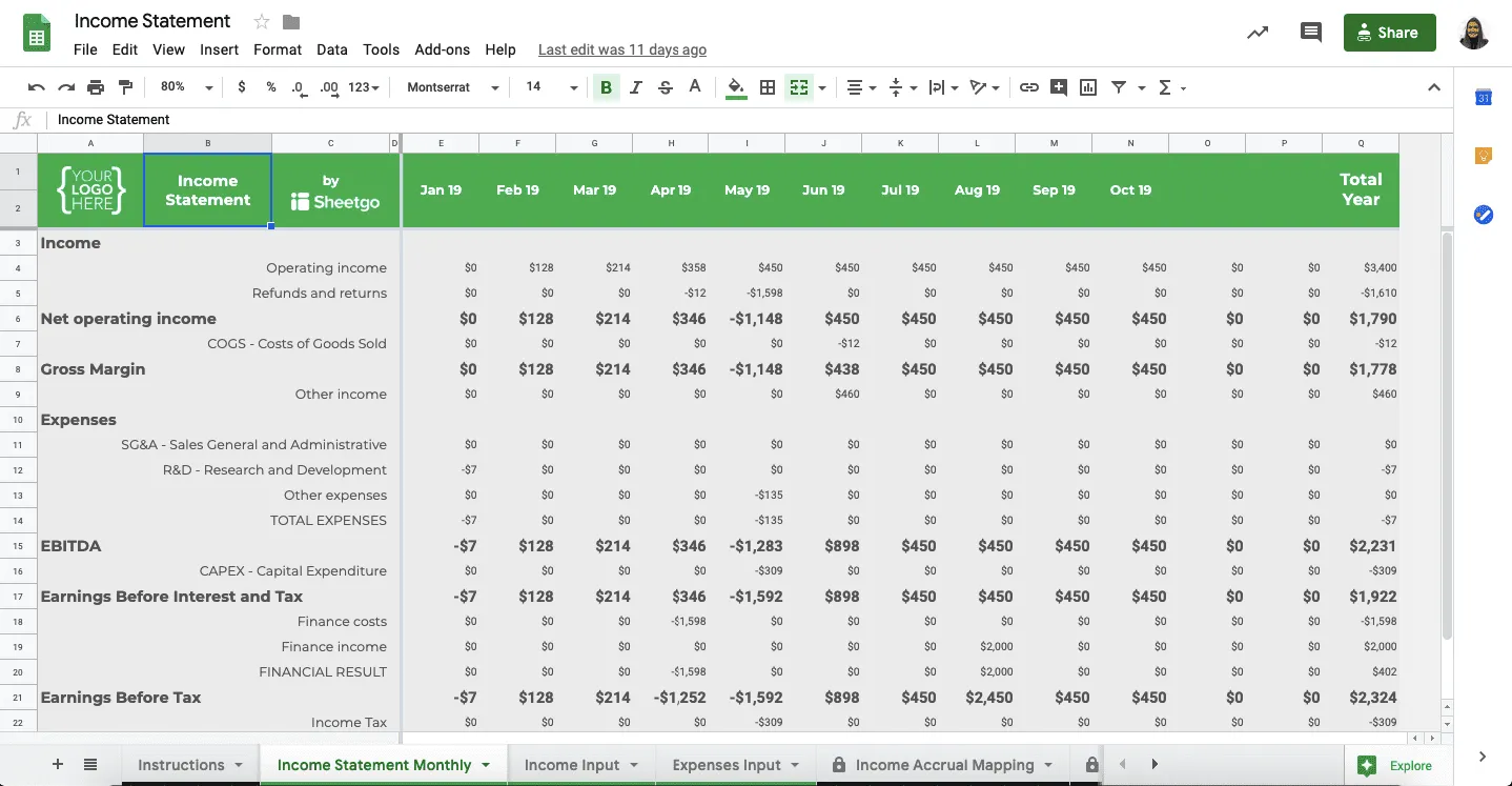 Google Sheets Statement Template