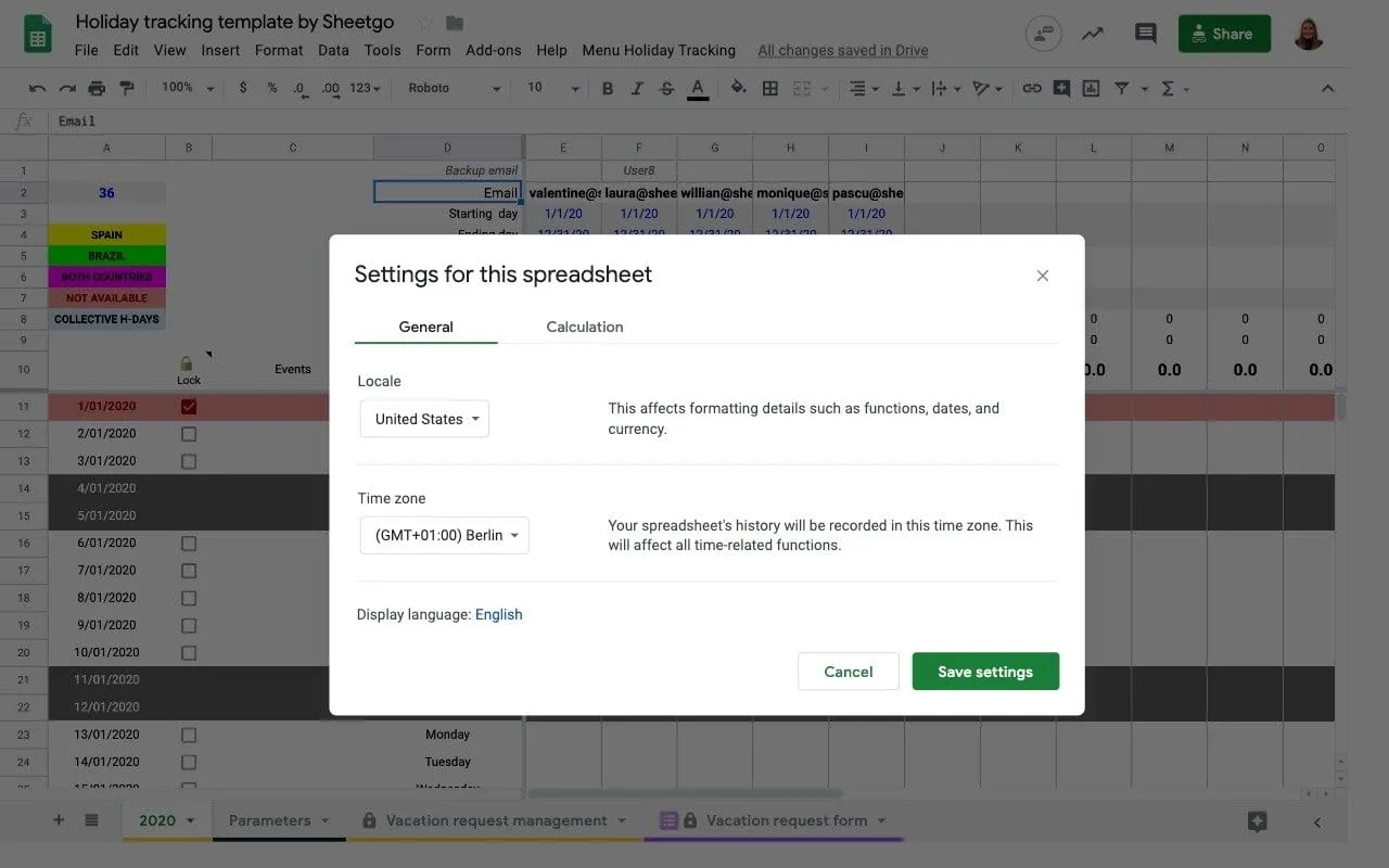 Holiday Tracking in Google Sheets: Timezone Configuration