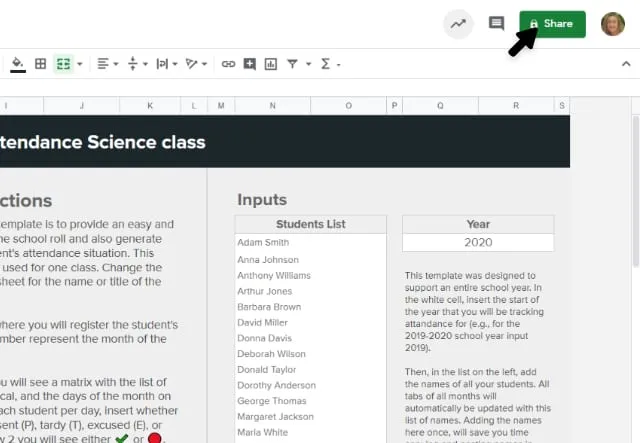 Student attendance tracker template in Google Sheets/ Sharing the class file with the professor