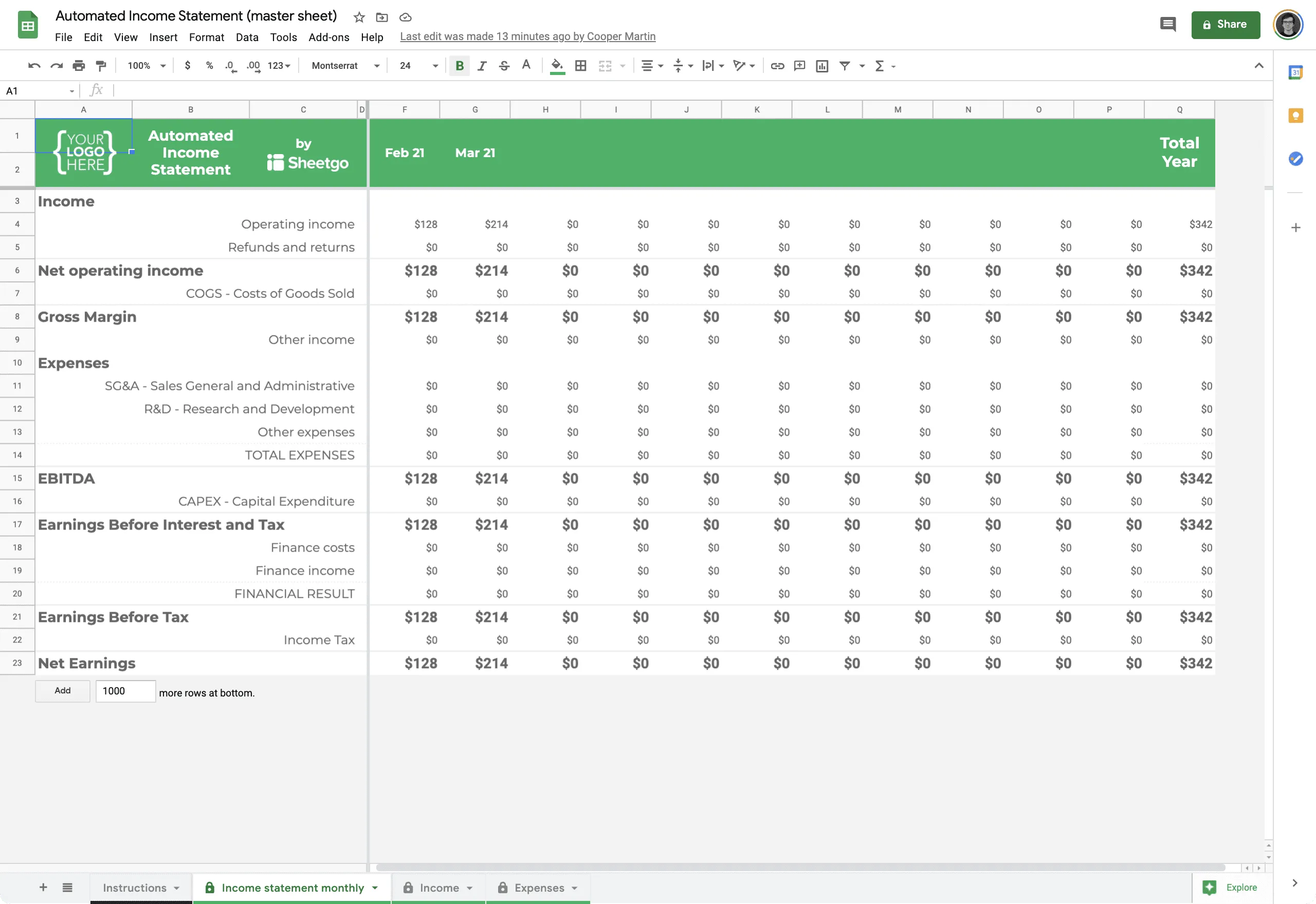 Google Sheets Income Statement Template