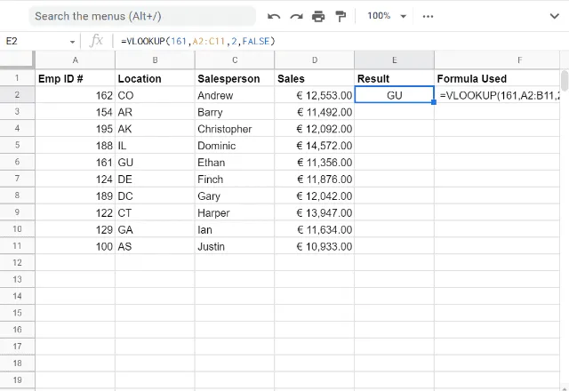 Match Function Google Sheets