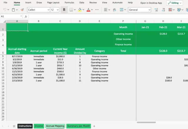 income statement template Excel accrual mapping