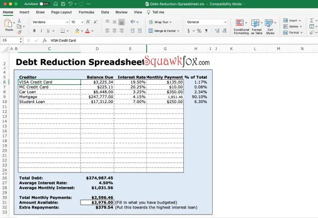 debt reduction spreadsheet 2