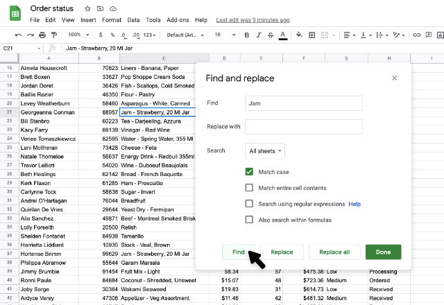 find and replace in Google Sheets 2