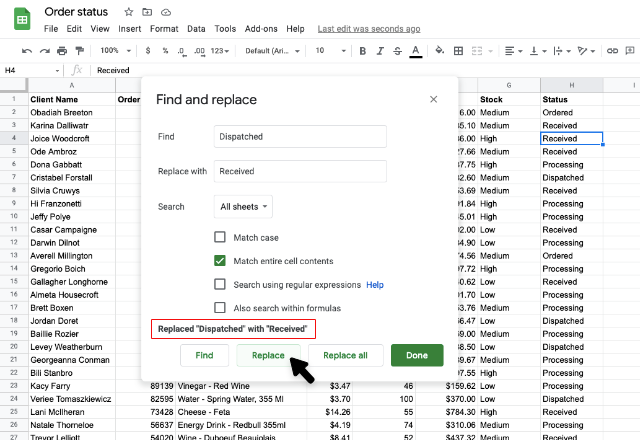 find and replace in Google Sheets 6
