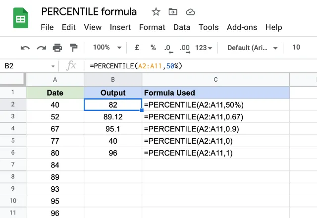 PERCENTILE formula Google Sheets 1