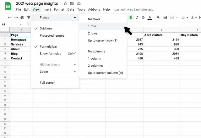 freeze rows and columns in Google Sheets 4