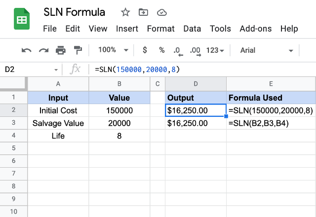 SLN formula in Google Sheets 1