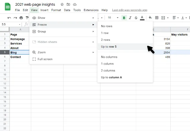 freeze rows and columns in Google Sheets 9